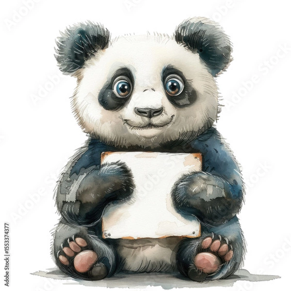 Fototapeta A cute cartoon panda holding a white blank sign. The panda has black and white fur, round face, and big expressive eyes. It sits on a transparent background, ideal for children's illustrations.