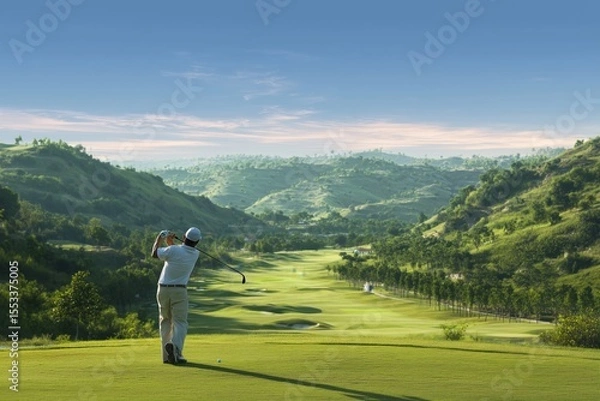 Fototapeta A golfer stands in the foreground, overlooking an impressive golf course with rolling hills and lush greenery under clear blue skies