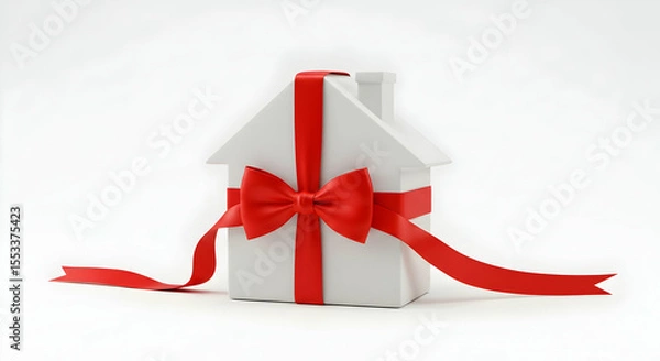 Fototapeta Gift house shaped object with red ribbon