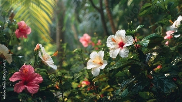 Obraz Vibrant hibiscus flowers in a lush garden setting