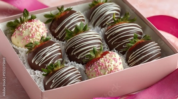 Obraz Chocolate-covered strawberries in a pink box
