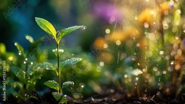 Obraz New sprout emerging, bathed in morning sunlight and rain