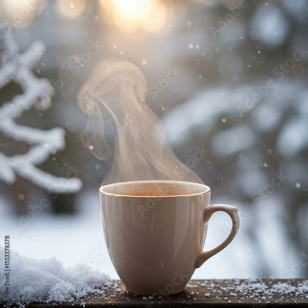 Fototapeta Steaming hot tea cup on wooden surface surrounded by snow with soft sunlight in background creating warm and cozy winter atmosphere
