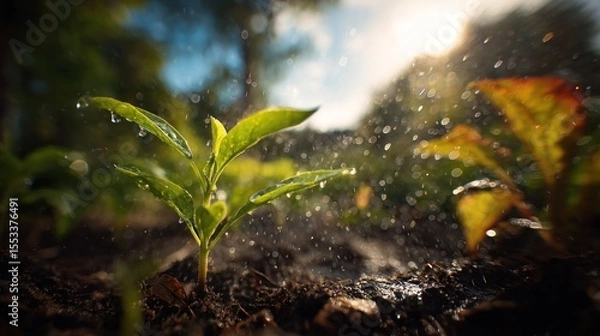 Obraz Young sprout in wet soil, vibrant green growth