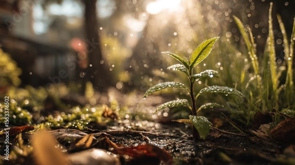 Obraz Tiny sprout emerging from the ground, bathed in sunlight and water droplets
