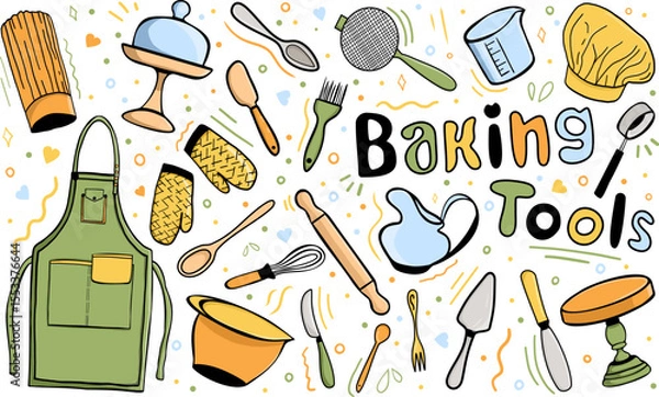 Fototapeta Set of hand drawn kitchen tools. Baking element with lettering. Vector illustration in doodle style. Bright colored elements isolated on white background.