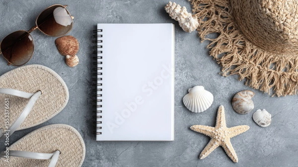 Fototapeta Stylish beach accessories arranged on a textured surface with an empty notebook for creative thoughts Generative AI