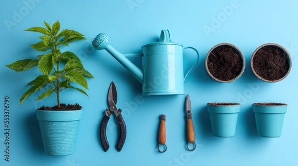 Obraz Gardening tools and seedlings on a vibrant blue background.  Small plants in pots, watering can, and gardening tools