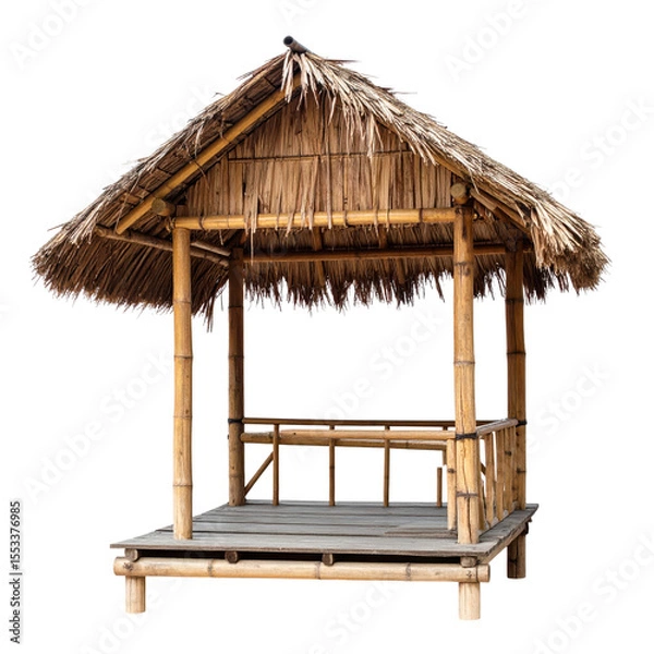 Fototapeta Detailed Bamboo Beach Hut with Thatched Roof Isolated on Transparent Background Depicting Tropical Architecture and Rustic Design Elements