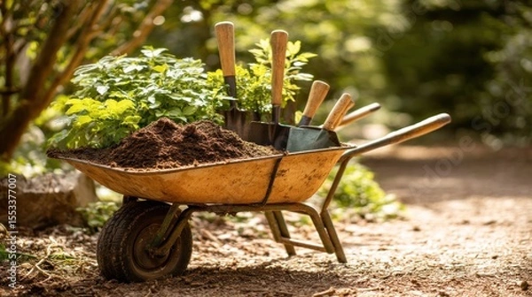 Obraz Gardening wheelbarrow filled with soil and plants