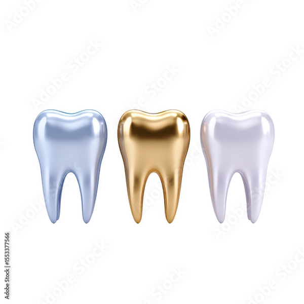 Fototapeta Three unique and colorful tooth shapes in blue, gold, and white for dental themes on transparent background