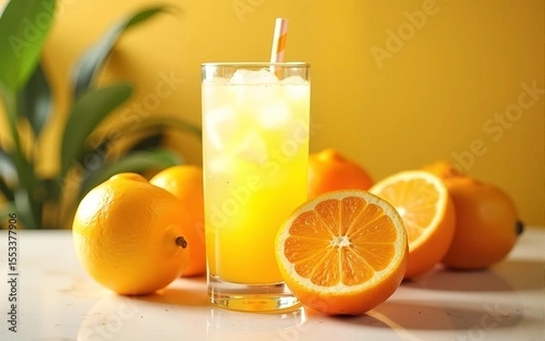 Fototapeta Orange citrus lemonade with ice drink tropical fruit beverage for summer or refreshment and healthy. High quality