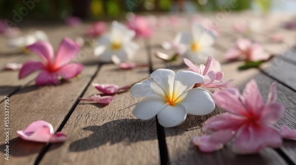 Obraz Delicate blossoms scattered on a wooden surface