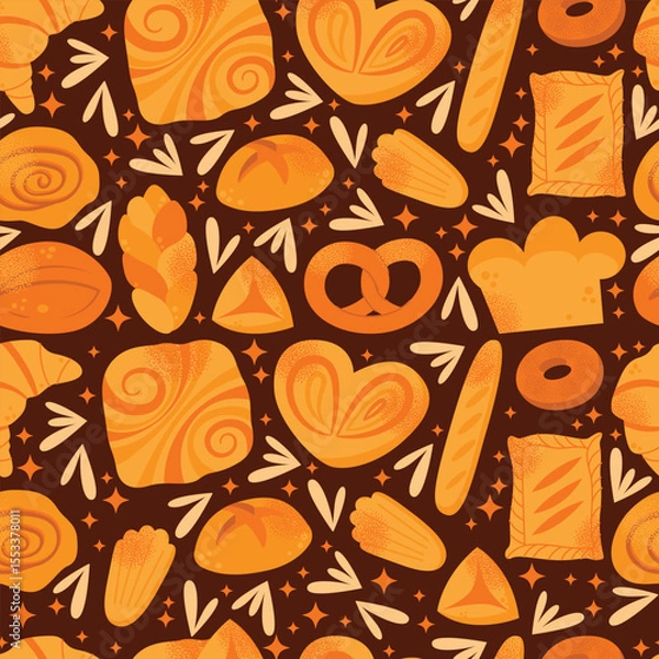Obraz Seamless pattern baked goods croissant, loaf, pretzel, bun, baguette, roll, danish pastry, and donut isolated on dark background. Flat vector illustration. Bakery and food concept cooking pastry