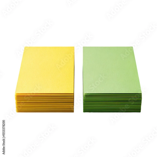 Fototapeta Stack of yellow and green paper sheets arranged neatly for creative projects and office supplies on transparent background