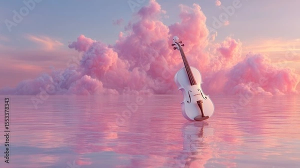 Obraz A serene white violin floats on a pink cloud sea