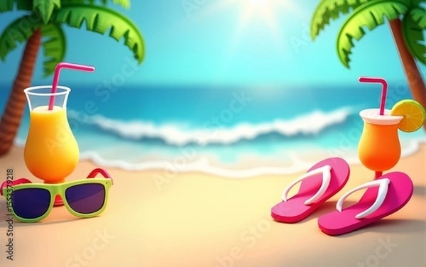Fototapeta 2408 115.A refreshing 3D summer sale banner with bright, tropical elements such as sunglasses, flip-flops, and tropical drinks. The background includes a beach scene with waves and palm trees, all in