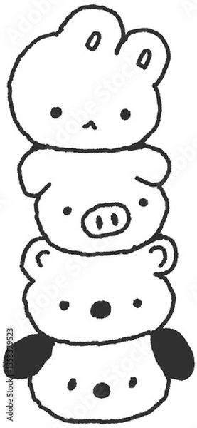 Fototapeta 토끼 돼지 곰 강아지가 차례로 쌓인 귀여운 캐릭터 일러스트