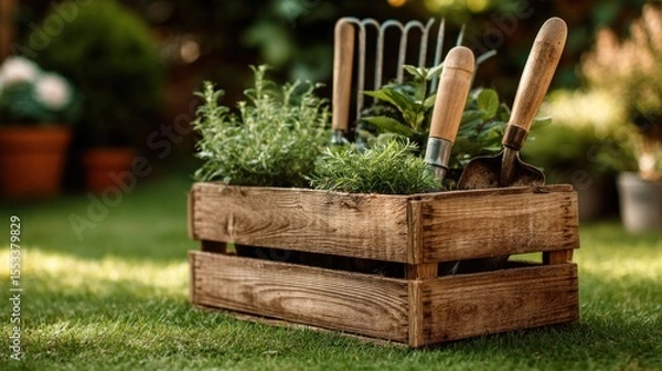 Obraz Rustic wooden planter box filled with herbs and gardening tools