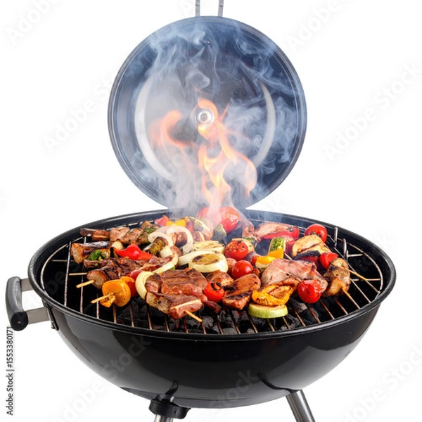 Fototapeta Overhead View Of Grilled Barbecue Food With Smoke And Fire On Black Grill Against Transparent Background