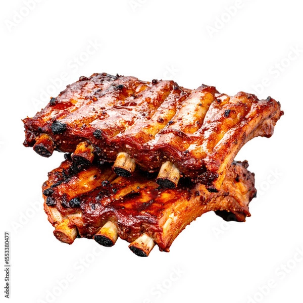 Fototapeta Close Up Of BBQ Ribs On Transparent Background Showing Brown Roasted Texture And Savory Appearance Ready To Be Served As Gourmet Meal