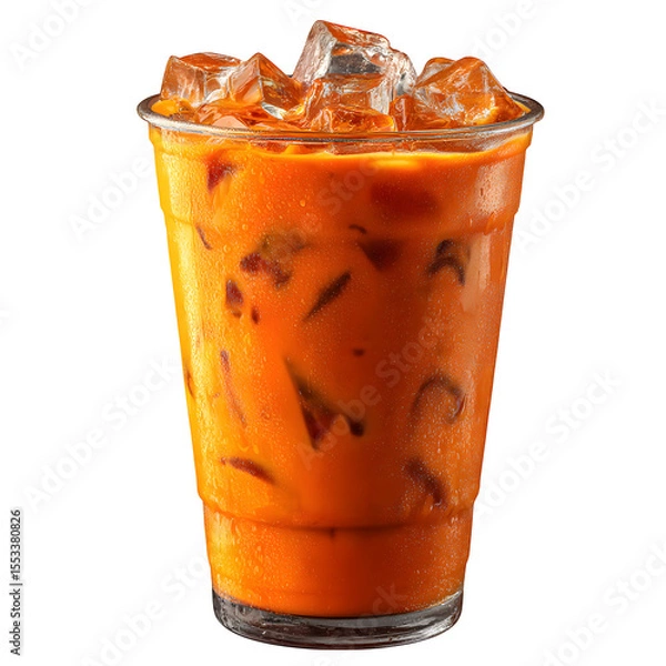 Fototapeta Refreshing Thai iced tea served in a clear plastic cup with ice cubes, perfect for a hot day with its vibrant orange color, transparent background