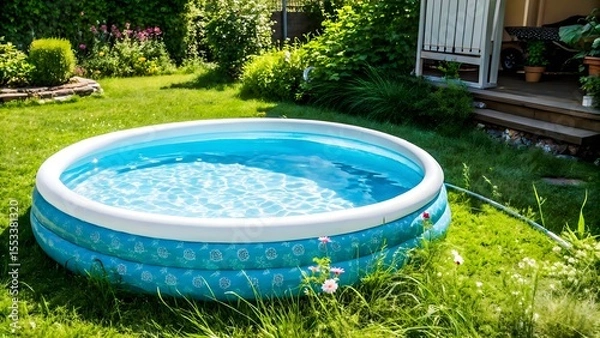 Fototapeta inflatable swimming pool in the backyard of home