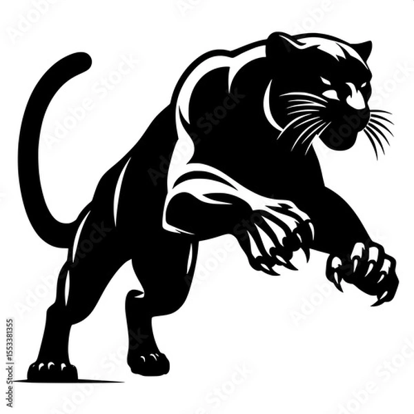 Fototapeta Black and White Vector of a Pouncing Panther Silhouette