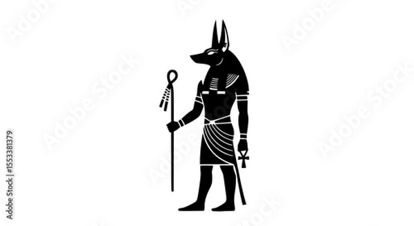 Fototapeta Ancient Egyptian Deity Anubis Depicted in Silhouette Holding a Staff and Ankh Symbol of Life and Death