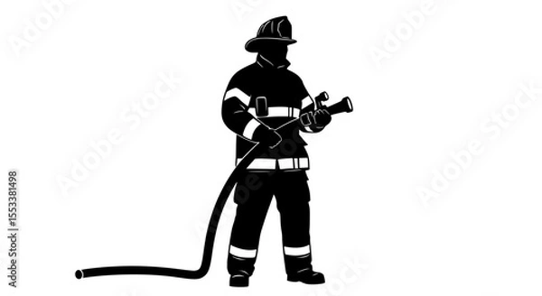 Fototapeta A silhouette of a firefighter in full gear holding a hose and ready to combat a blaze representing bravery and dedication in emergency services