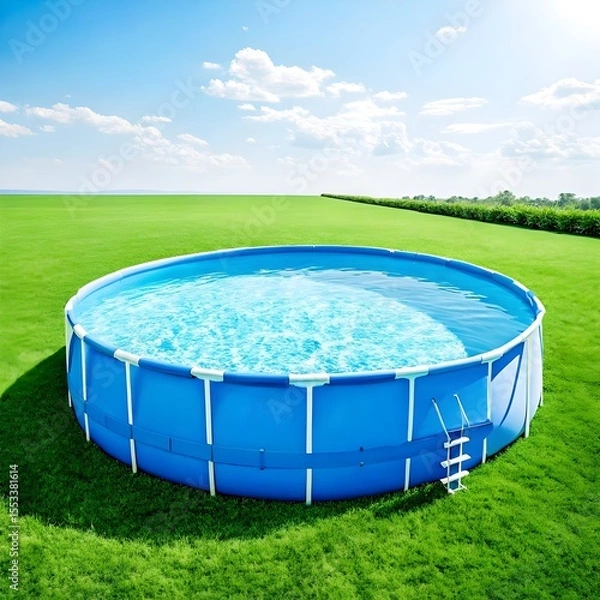 Fototapeta metal frame pool with inflatable toys. Summer leisure and fun concept. Frame pool stand on a green grass lawn.