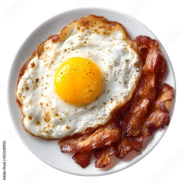 Fototapeta Tempting breakfast plate showcasing a fried egg with a bright yellow yolk served with crispy bacon, perfect for a morning meal, transparent background