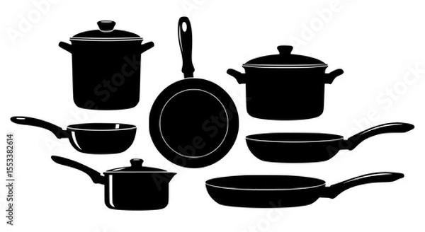 Obraz A collection of kitchen cookware silhouettes featuring pots pans and frying pans designed for culinary arts and home cooking activities