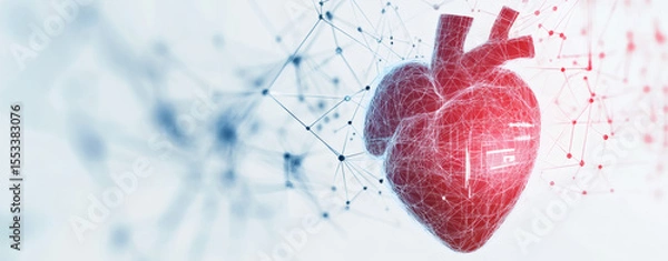 Obraz A heart displayed in an MRI scan, with surrounding tissues in grayscale and the heart highlighted in red
