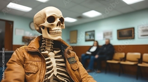Fototapeta Skeleton Sitting Patiently in a Waiting Room with Casual Jacket