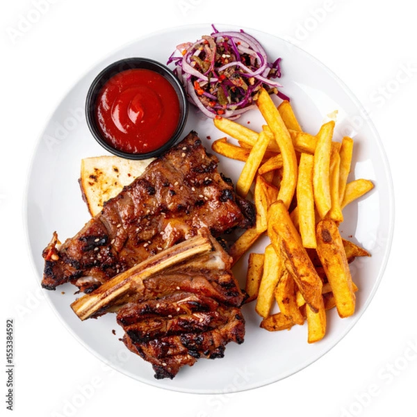Fototapeta Grilled Ribs Meal with French Fries and Salad Served on a White Plate with a Red Sauce Isolated with Transparent Background