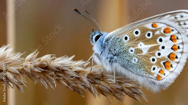 Fototapeta Detailed Macro of a Common Blue Butterfly on Grass, Vibrant Wing Patterns with Blue and Orange Spots, Summer Nature Wildlife