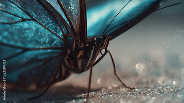 Fototapeta Macro Shot of a Vibrant Blue Butterfly with Sparkling Wings, Detailed Close-up on a Textured Surface, Nature's Beauty, Insect World