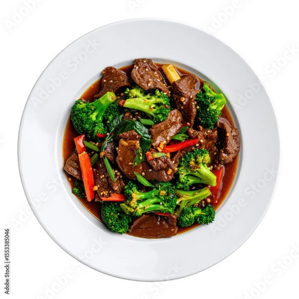 Fototapeta Overhead View of Beef and Broccoli Stir Fry on a White Plate with Brown Sauce Vibrant Green Broccoli Florets and Red Pepper Pieces Placed on a Transparent Background