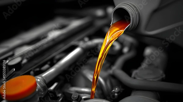 Fototapeta Pouring Golden Car Engine Oil into Vehicle, Maintenance and Service Close-up, Automotive Fluid Change, Black and White with Color Accent