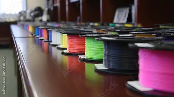 Fototapeta Extensive Collection of Colorful 3D Printer Filament Spools, Array on Table in Workshop or Lab, Additive Manufacturing Supplies