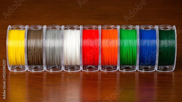 Fototapeta Vibrant Assortment of 3D Printer Filament Spools on Wooden Table, Full Color Range for Additive Manufacturing & Creative Design