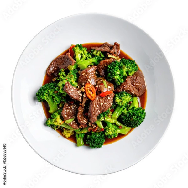 Fototapeta Delicious Beef and Broccoli Stir-fry Dish Served on a White Plate Against a Transparent Background with Vibrant Green Broccoli and Brown Beef