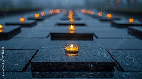Obraz Many small candles on dark stone slabs.
