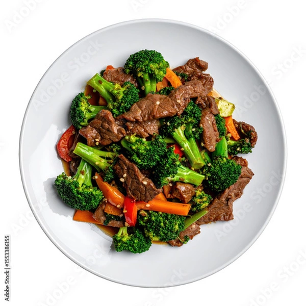 Fototapeta Beef and Broccoli Stir Fry on White Plate Isolated on Transparent Background with Vibrant Colors and Detailed Texture
