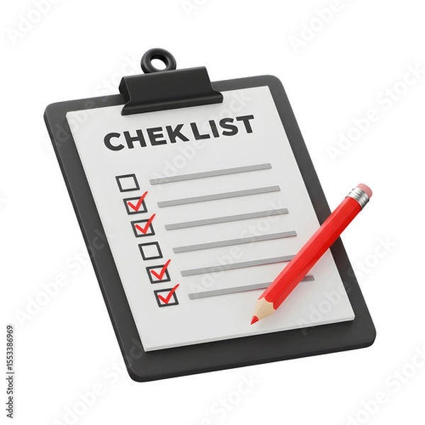 Obraz 3D Render of Checklist Clipboard with Red Pencil – Task Management and To-Do List Planning, Isolated on White or Transparent Background