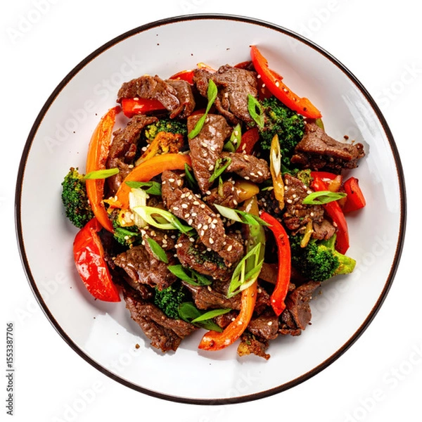 Fototapeta Delicious Bulgogi Beef Dish on White Plate Isolated Offering Appetizing Korean Cuisine with Colorful Vegetables and Fresh Ingredients