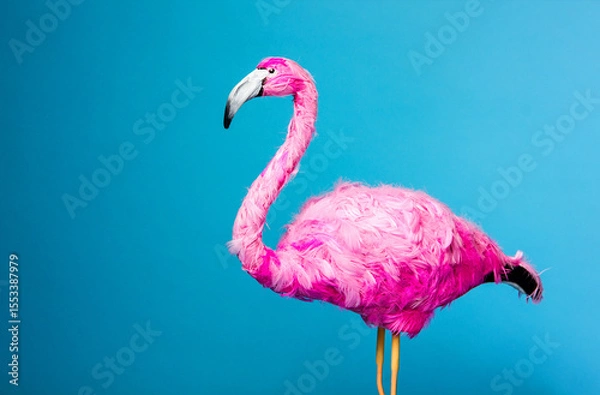 Fototapeta ceramic pink flamingo on the blue wall background . graphic resource, isolated, free space