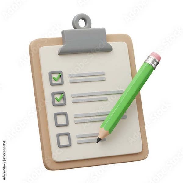 Obraz 3D Render of Checklist Clipboard with Green Pencil – Task Management and To-Do List Planning, Isolated on White or Transparent Background
