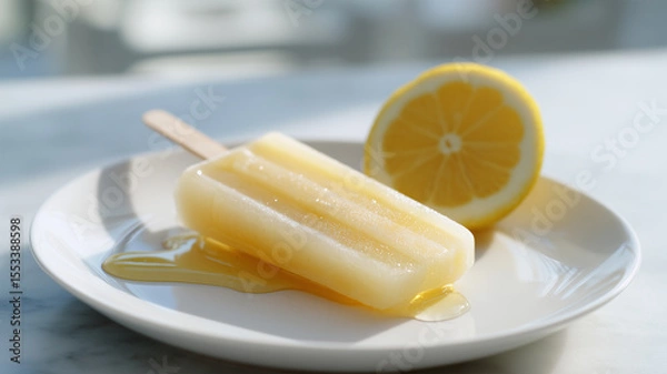Fototapeta Soft-focus shot of a pastel-colored lemon popsicle resting on a white plate, with fresh lemon slices and lemon syrup dripping off the popsicle on a light background
